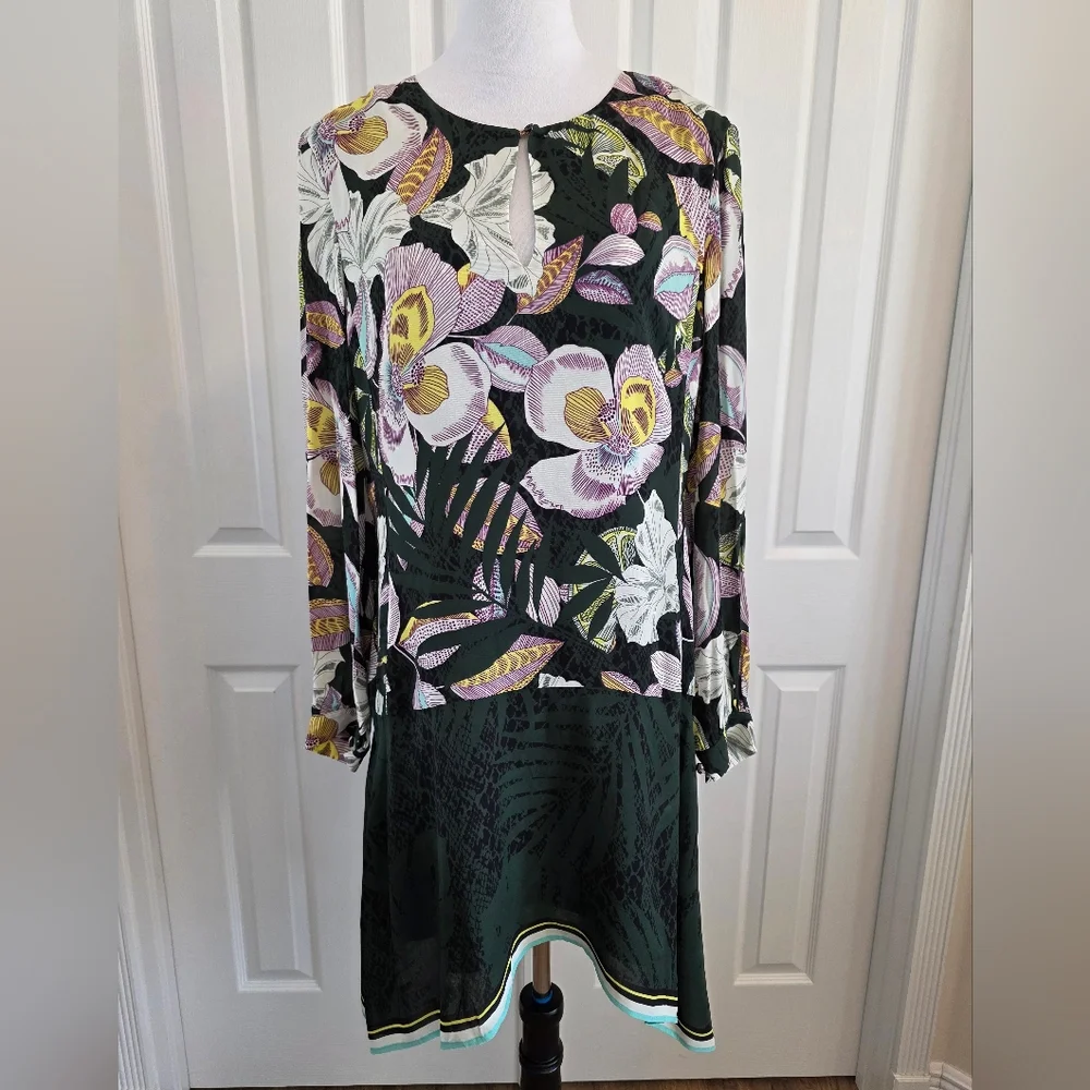 REISS Floral Midi Dress US 12 UK 16 Green Viscose Keyhole Neck Long Sleeve- EUC - Picture 2 of 16